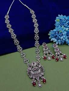 DERNIER DESIGNER À LA MODE ABD TRADITIONNEL OXYDSIDE ARGENT NOIR MENTAL BIJOUX LONG PENDENTIF COLLIER ENSEMBLE POUR FEMMES ET FILLES - Product Image 4
