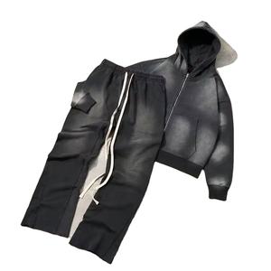 Sudadera con capucha con cremallera y lavado al sol de 500GSM para hombre, pantalones de chándal acampanados, chándales de lana de algodón sólido personalizados, conjuntos de etiqueta privada con logotipo - Product Image 4