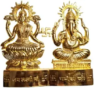 Brass Laxmi Ganesh Gold Plated Statue 4 Inch High Diwali Puja Spiritual Gift Idol Murti for Pooja Home Decor/Gift Deepwali