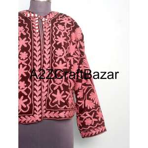 Handmade Vintage Winter Velvet Jacket with Floral Embroidery O- Neck Suzani-Style Border Length <b>Wool</b> Lining Breathable - Product Image 2