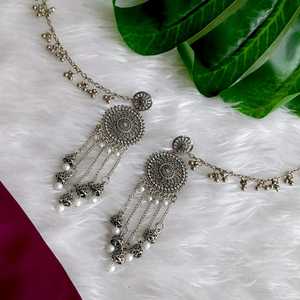 Efulgenz ชุดตุ้มหูอินเดียไข่มุกปลอมออกซิไดซ์แบบอินเดียชุดมีโซ่หูเครื่องประดับขายส่งสำหรับผู้หญิง - Product Image 2