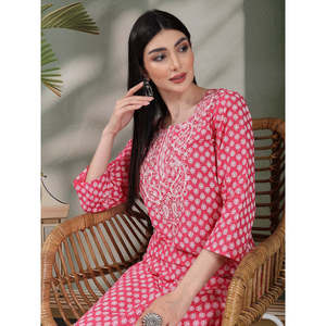 Women's Floral Embroidered Cotton Straight Kurtas Breathable Poplin Women's <b>Tops</b> for <b>Festive</b> Season Size XL - Product Image 3