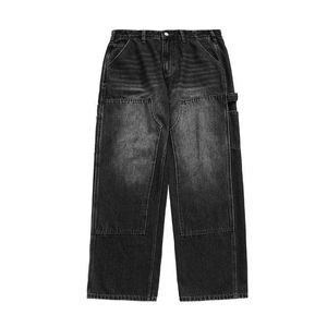 Pantalones de mezclilla rectos pesados hechos de pierna ancha lisos negros con logotipo personalizado, pantalones vaqueros holgados lavados con ácido para hombre, temporada de invierno - Product Image 2