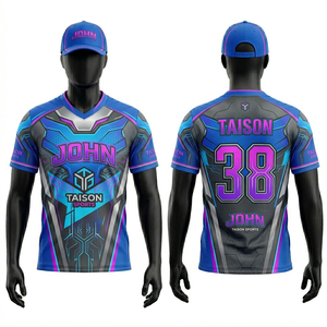 Maillot d'e-sport pour hommes, tissu polyester respirant de qualité supérieure 180 GSM, design géométrique bleu et violet, logo personnalisé par sublimation - Product Image 1