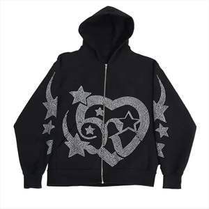 Oversized Full Face Zip <b>Hoodie</b> with <b>Skeleton</b> Pattern Customizable Rhinestone Print on Winter Fleece Fabric Zip-Up Design - Product Image 1