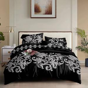Juego de Ropa de Cama de Lujo de 10 Piezas, Diseño Clásico de Mármol Blanco y Negro con Costuras Florales Elegantes, 400 Hilos, Poliéster - Product Image 3