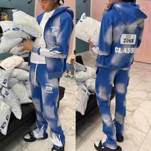 Chándal personalizado lavado ácido Vintage recortado con cremallera Sudadera con capucha Jogger pantalones de chándal apilados desgastados y conjunto de Sudadera con capucha chándal para hombres - Product Image 5