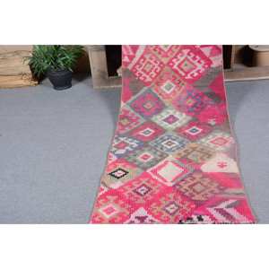 พรมสไตล์ตุรกีโบราณ2.4x10.1ft การออกแบบการเย็บปะติดปะต่อกันสีชมพูวัสดุขนสัตว์ที่มีน้ำยางด้านหลังสำหรับตกแต่งห้องนั่งเล่นสำหรับวัยรุ่น - Product Image 5