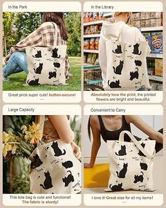 Sac fourre-tout en toile de coton à motif de six chats avec boucle magnétique fermeture éclair poche intérieure pour femmes et filles - Product Image 6