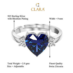 NOVAMART Fine 925 Sterling Silver Royal Blue Heart <b>Ring</b> <b>Adjustable</b> Band Rhodium Plated Romantic for Swiss Zirconia Gift Women Gi - Product Image 5