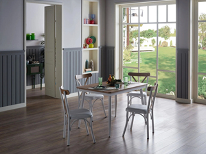 Juego de Muebles de Comedor de Estilo Nórdico Moderno - Mesa Extensible con Tapa de Madera y 4 Sillas Metálicas con Respaldo Cruzado y Asientos de Cuero PU - Product Image 1