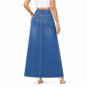 Jupe en jean personnalisée pour femmes |   Jupe longue en jean avec fente avant |   Jupe en jean bleu délavé taille haute |   Jupe en jean vintage - Product Image 4