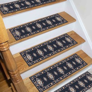 Navy Printed Rug, Modern Ethnic Pattern, <b>Machine</b> Washable, Stair Treads,<b>Step</b> Rug - Product Image 1