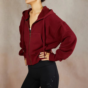 Survêtement à capuche en coton pour femmes élégant manches longues à la mode vêtements de course décontractés pour l'hiver haut longueur court motif solide - Product Image 6