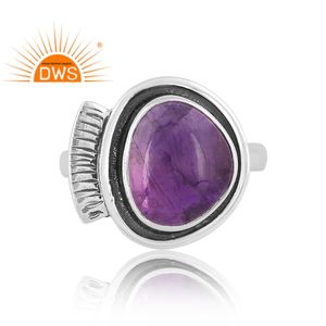 แหวนอัญมณีอเมทิสต์ธรรมชาติสีเงินสเตอร์ลิงออกซิไดซ์ - Product Image 3