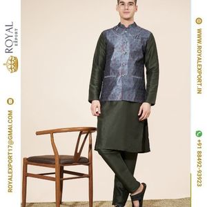 Dernier col rond Kurta de créateur avec veste Jacquard Ensemble pyjama Kurta pour hommes Vente en gros Bon marché Surat - Product Image 3