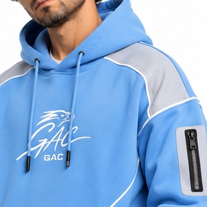 <b>Mens</b> Sky Blue Hoodie <b>Grey</b> Contrast Panels Sleeve Zipper Pockets White Piping Pullover Streetwear Polyester/Cotton Fleece XS - Product Image 3