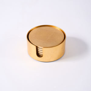 Handcrafted Lacquer Coaster Set with Matching Holder, Eco-Friendly <b>Wooden</b> Gold Round Drink Mats for Tea Coffee Wine - Product Image 1