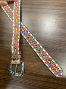 Nouvel arrivage de ceintures florales occidentales en cuir véritable usinées à la main et peintes à la main Ceintures unisexes en cuir véritable usiné à la main - Product Image 4