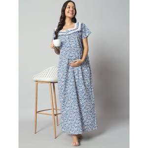 Camisón de Maternidad de Algodón 100% para Mujer, Manga Media, Largo Completo, Tejido Transpirable, Cuello con Estampado Floral, Elegante para Verano, 300g - Product Image 1