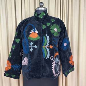 Boho Chic Retro Chic Free Size XL Velvet Suzani <b>Jacket</b> Hand Embroidered Black Floral Open Front Coat Winter Wear Robe - Product Image 1