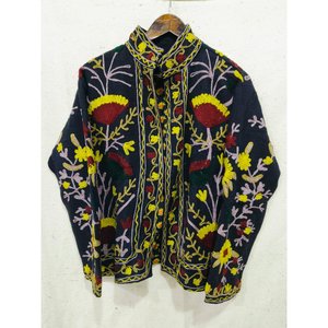 Blouson bomber en cuir matelassé réversible pour femme avec broderie bohème Suzani - Product Image 1