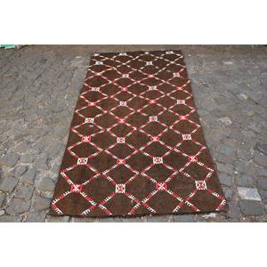 Tapis en laine turque vintage de 38x7 pieds, motif patchwork marron et blanc, technique de tissage à plat pour décorations de salon - Product Image 1