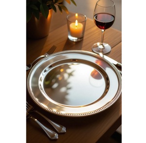 Assiette de service élégante en acier inoxydable avec bordure perlée, sous-assiette pour banquet d'hôtel, sous-assiette en métal - Product Image 4
