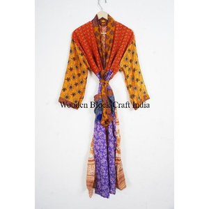 Vintage Recycled <b>Silk</b> Floral Summer <b>Kimono</b> Robe Breathable Drawstring Closure Indian Sari Gift for Women Sleepwear Bridesmaid - Product Image 1