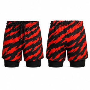 Shorts de bain pour homme à séchage rapide, imprimé géométrique rouge et noir, taille à cordon de serrage, décontractés, 100 % polyester - Product Image 1