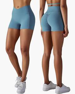 Meilleur short de yoga pour femme 2 pièces Pack taille croisée Gym Compression Spandex Stretch poches latérales courtes motif solide pour le yoga actif - Product Image 2