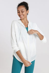 Sudadera con Capucha 100% Algodón Blanca para Mujer, Protección UV, Cierre Completo, Antiarrugas y Transpirable, Sudadera con Cremallera para Gimnasio - Product Image 6