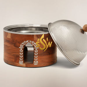 Casserole en argent la plus recherchée, chauffe-plat moderne en bois avec couvercle métallique pour hôtels, mariages, traiteurs et buffets - Product Image 2