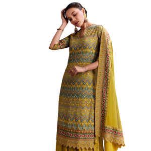 Traje Palazzo bordado amarillo, venta al por mayor de ropa étnica para mujer, proveedor de fábrica de ropa OEM, traje de boda personalizado con Dupatta - Product Image 1