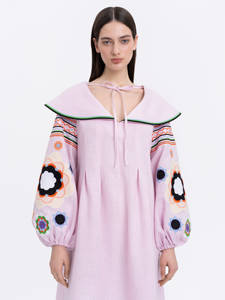 Women's Casual Maxi Dress 100% Cotton <b>Machine</b> Embroidered Short Sleeve Long Notch-Neck Natural Waist Woven <b>Weave</b> Washable - Product Image 2