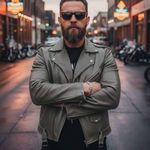 Veste en cuir de moto décontractée respirante à capuche pour homme, grise, marque LEATHER SPOT - Product Image 1