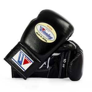 Gants de boxe gagnants noirs pro lacés personnalisables de haute qualité en cuir véritable de haute qualité pour la formation aux arts martiaux de combat - Product Image 2