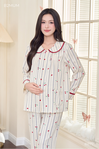 B2 MUM B877 Long Sleeve Cherry Red Linen Maternity Sleep <b>Set</b> Peter <b>Pan</b> Collar Breathable Soft Fabric Cloud Pattern for Pregnant - Product Image 4