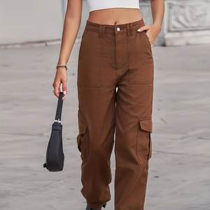 Pantalon cargo en jean marron style coréen Y2K pour femme, écologique, durable, taille haute, coupe droite, extensible, respirant, 6 poches - Product Image 1