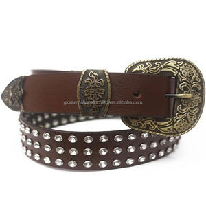 Ceinture en cuir véritable avec cowboy pour hommes, bijoux en cristal, cloutée, décontractée, motif floral antique et lourd, boucle, brun foncé - Product Image 4