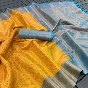 Bakır altın ipek Saree iki ton sınır kontrast zengin sınır ve brokar bluz parti geleneksel sari tamamen dokuma giymek
