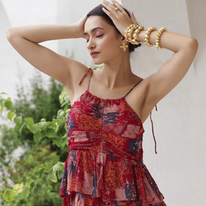 Mohana เดรสมิดิยาวคลุมเข่าลายลูกไม้น่ารักชุดใส่ไปทะเลมีซับในผ้าย่น - Product Image 1