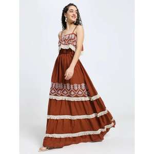 Womens Brown Printed Maxi Dress Sleeveless Boho Long Dress With Lace Trim Tiered Skirt - Product Image 2