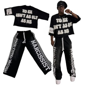 Streetwear Y2k T Shirt Hip Hop Retro Patchwork Letter T Shirt Men and Women <b>Sequined</b> Striped Sportswear Sweatpants <b>Two</b> <b>Piece</b> <b>Set</b> - Product Image 1