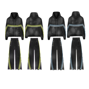 Sweat à capuche zippé en molleton de coton 100% vintage personnalisé et survêtement évasé délavé à l'acide avec rayures latérales grande taille respirant pour hommes - Product Image 1