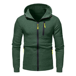 Sudadera con capucha de manga larga con cremallera ajustada para hombre de alta calidad, sudaderas con capucha de invierno lisas lavadas con patrón sólido y tres bolsillos con cremallera - Product Image 1