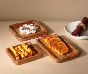 Bandeja rectangular de madera de acacia de grano de madera natural, Plato decorativo hecho a mano, tamaño personalizado, color de madera natural - Product Image 4