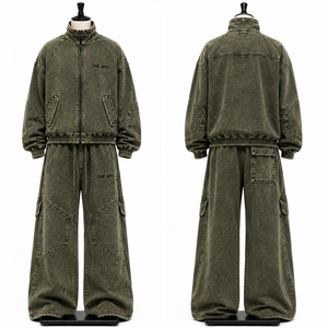 Conjunto de Chándal Oversize Verde Oliva Vintage Lavado Personalizado con Pantalones Cargo de Pierna Ancha, Estilo Urbano, Fabricante OEM ODM de Marca Privada Profesional - Product Image 5