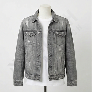 Veste en jean délavée pour homme, déchirée, surdimensionnée, col montant, réversible, vintage, streetwear, prix compétitif - Product Image 1