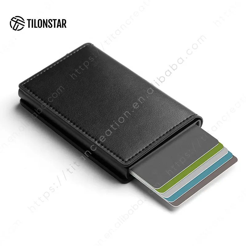 TILONSTAR TG201 Schlussverkauf Herren Leder Aluminium Slim minimalistischer Kreditkartenhalter automatische aufklapp-Kartebörse zum schenken